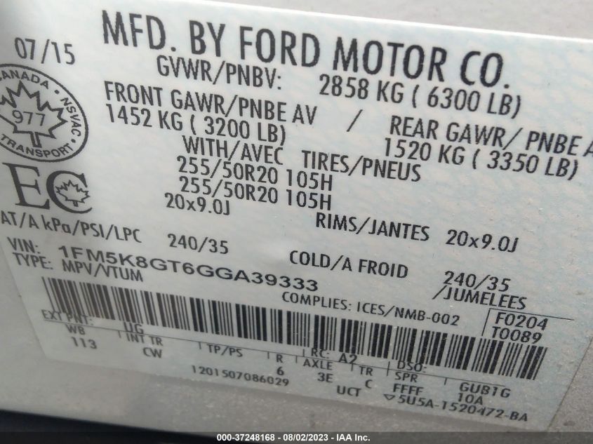 2016 FORD EXPLORER SPORT - 1FM5K8GT6GGA39333