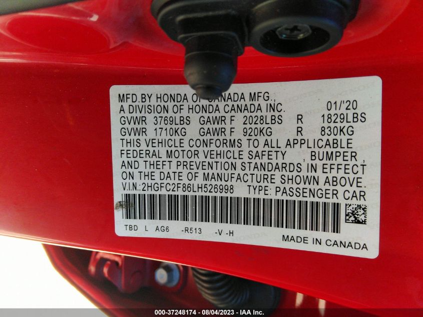 2020 HONDA CIVIC SEDAN SPORT - 2HGFC2F86LH526998