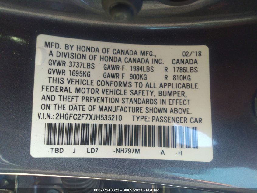 2018 HONDA CIVIC SEDAN EX - 2HGFC2F7XJH535210