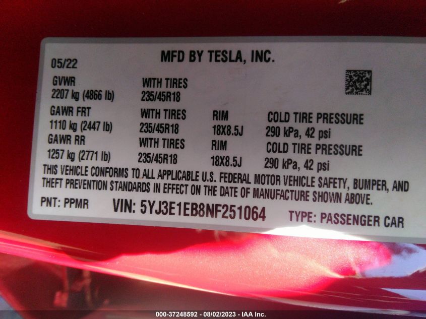2022 TESLA MODEL 3 LONG RANGE - 5YJ3E1EB8NF251064