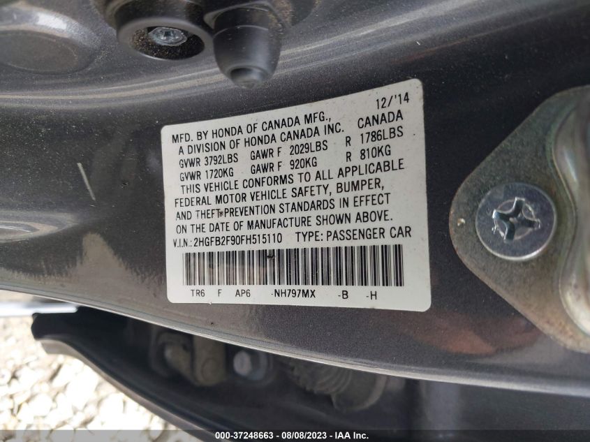 2015 HONDA CIVIC SEDAN EX-L - 2HGFB2F90FH515110