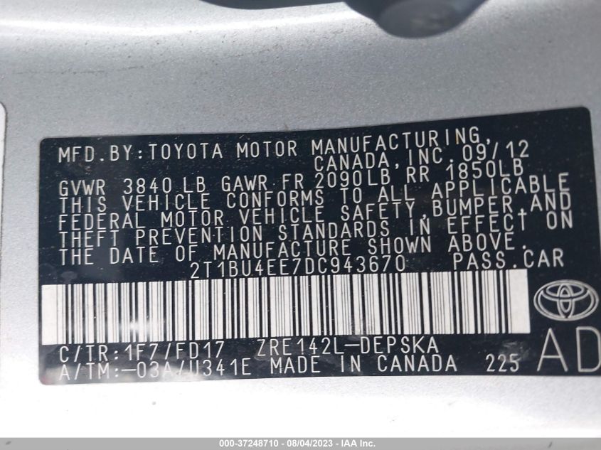 2013 TOYOTA COROLLA L/LE/S - 2T1BU4EE7DC943670
