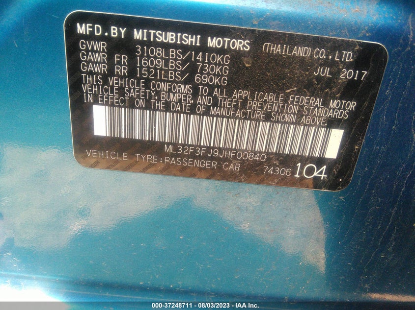 VIN ML32F3FJ9JHF00840 2018 MITSUBISHI MIRAGE G4 ES