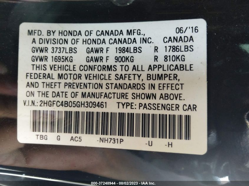 2016 HONDA CIVIC COUPE LX-P - 2HGFC4B05GH309461