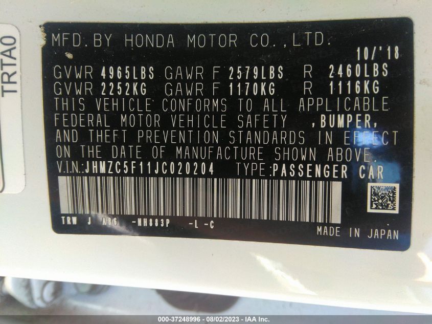 2018 HONDA CLARITY PLUG-IN HYBRID JHMZC5F11JC020204