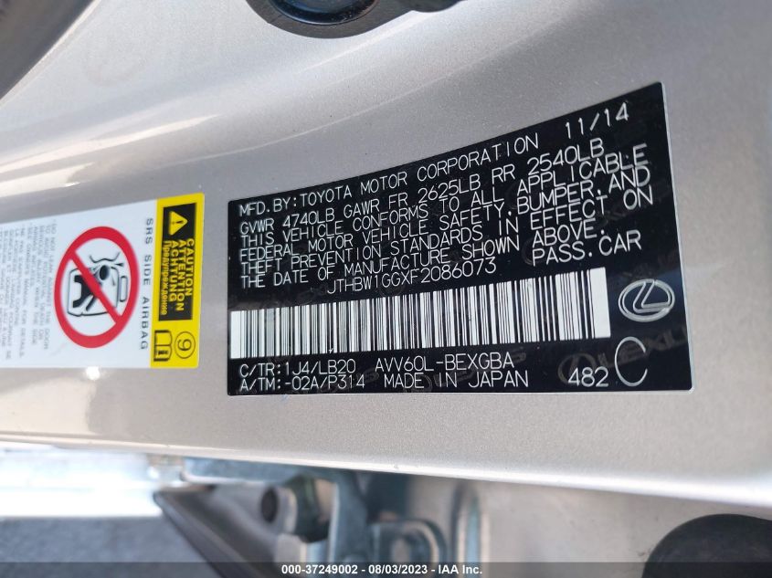 2015 LEXUS ES 300H HYBRID JTHBW1GGXF2086073