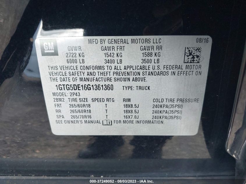 2016 GMC CANYON SLT - 1GTG5DE16G1361360