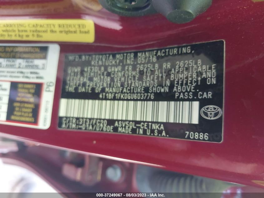 2016 TOYOTA CAMRY XLE/SE/LE/XSE - 4T1BF1FK0GU603776