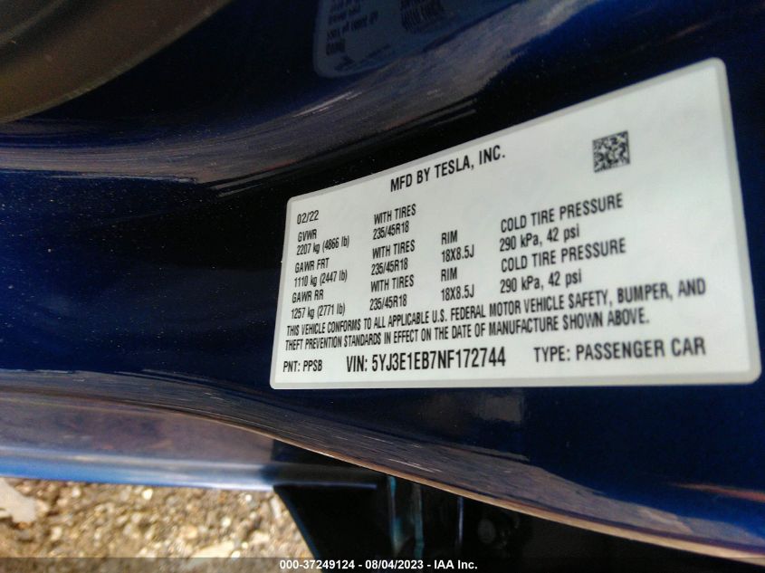2022 TESLA MODEL 3 LONG RANGE - 5YJ3E1EB7NF172744