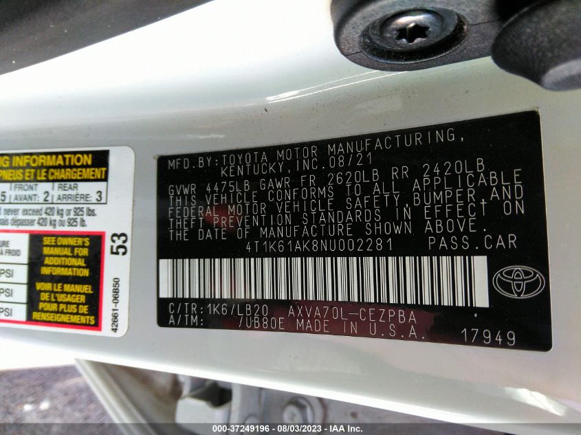 2022 TOYOTA CAMRY XSE - 4T1K61AK8NU002281