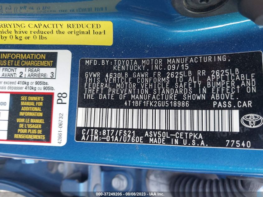 2016 TOYOTA CAMRY XLE/SE/LE/XSE - 4T1BF1FK2GU518986