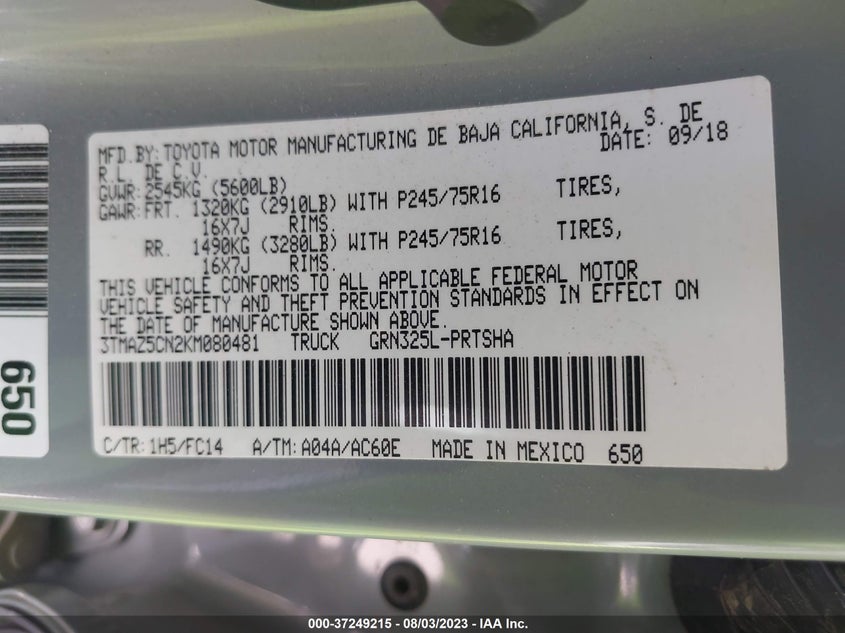 VIN 3TMAZ5CN2KM080481 2019 TOYOTA TACOMA 2WD SR5/TRD SPORT
