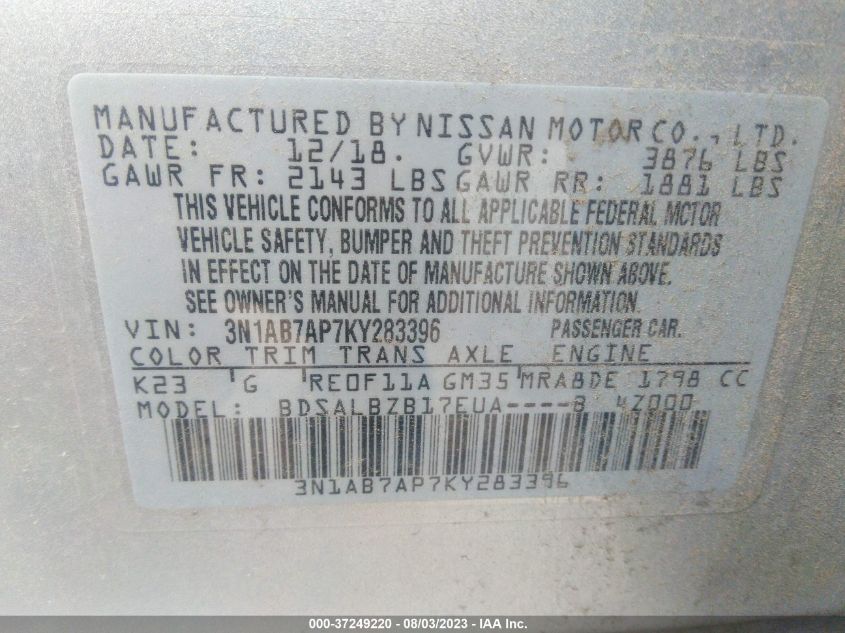 2019 NISSAN SENTRA S - 3N1AB7AP7KY283396