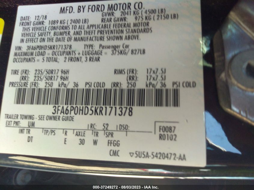 3FA6P0HD5KR171378 Ford Fusion SE 9