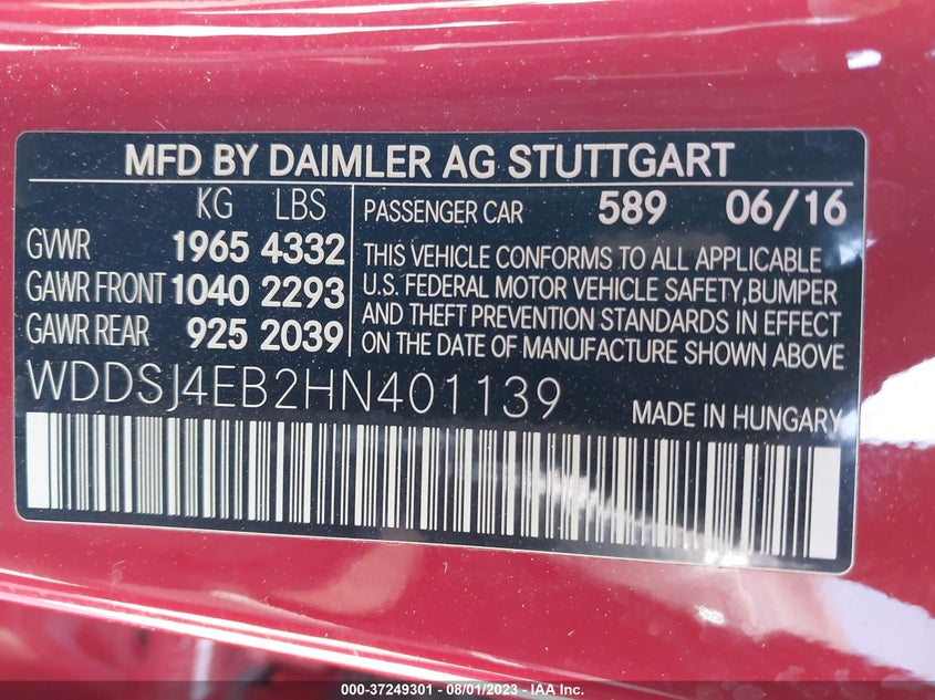 VIN WDDSJ4EB2HN401139 2017 MERCEDES-BENZ CLA CLA 250
