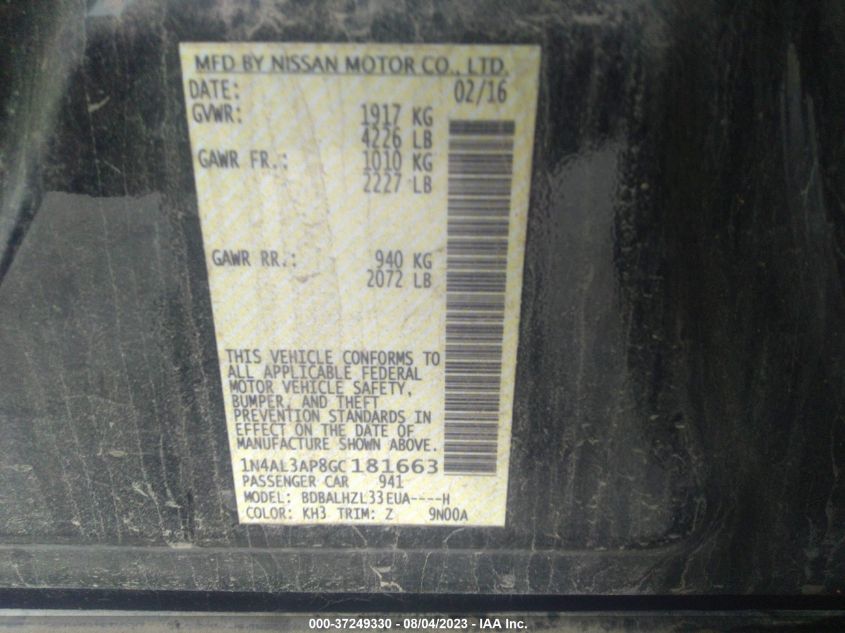 2016 NISSAN ALTIMA 2.5/S/SV/SL/SR - 1N4AL3AP8GC181663