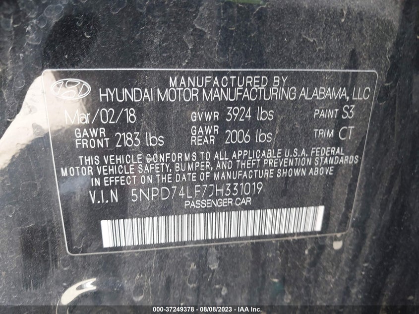 VIN 5NPD74LF7JH331019 2018 HYUNDAI ELANTRA SE