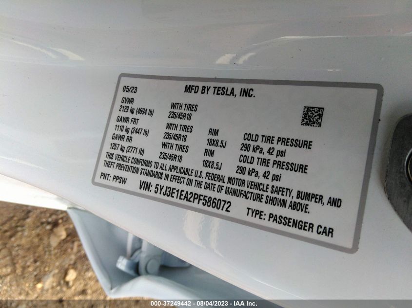 2023 TESLA MODEL 3 - 5YJ3E1EA2PF586072
