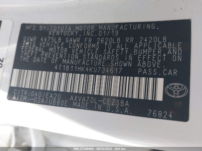 2019 TOYOTA CAMRY LE/SE/XLE/L - 4T1B11HK4KU734617