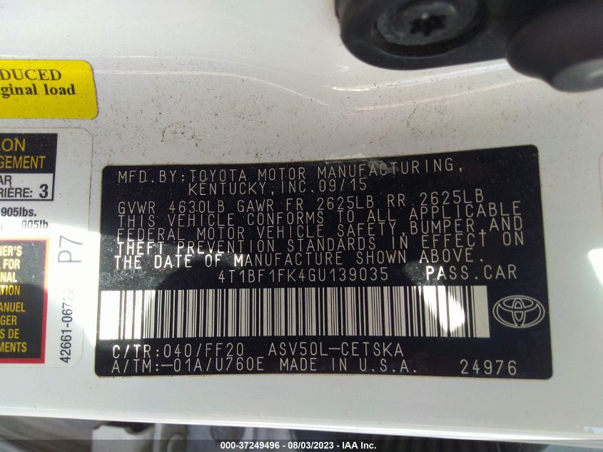 2016 TOYOTA CAMRY LE/XLE/SE/XSE - 4T1BF1FK4GU139035