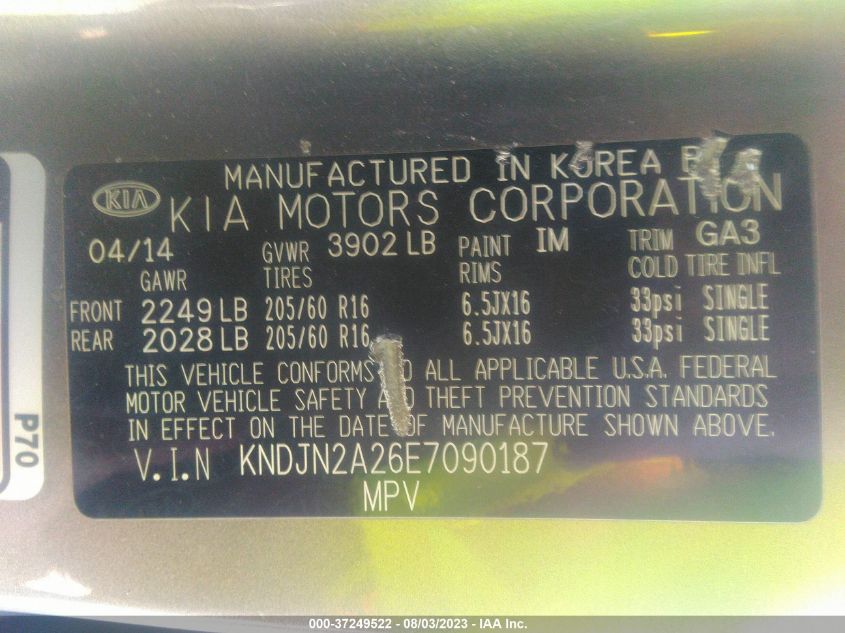 2014 KIA SOUL BASE - KNDJN2A26E7090187