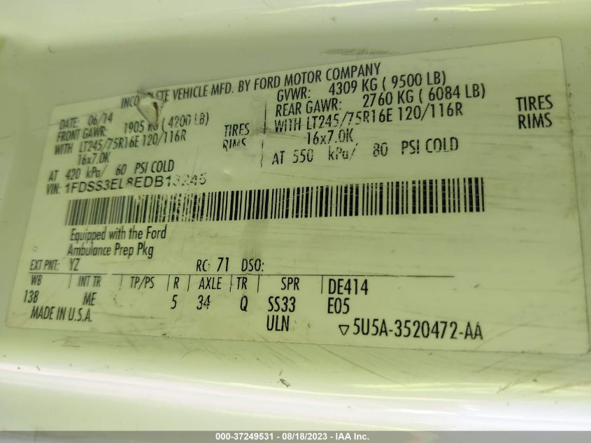 2014 FORD ECONOLINE CARGO VAN COMMERCIAL/RECREATIONAL 1FDSS3EL8EDB13245