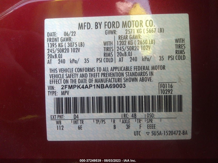 VIN 2FMPK4AP1NBA69003 2022 FORD EDGE ST