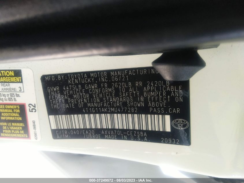 2021 TOYOTA CAMRY SE - 4T1G11AK2MU477282