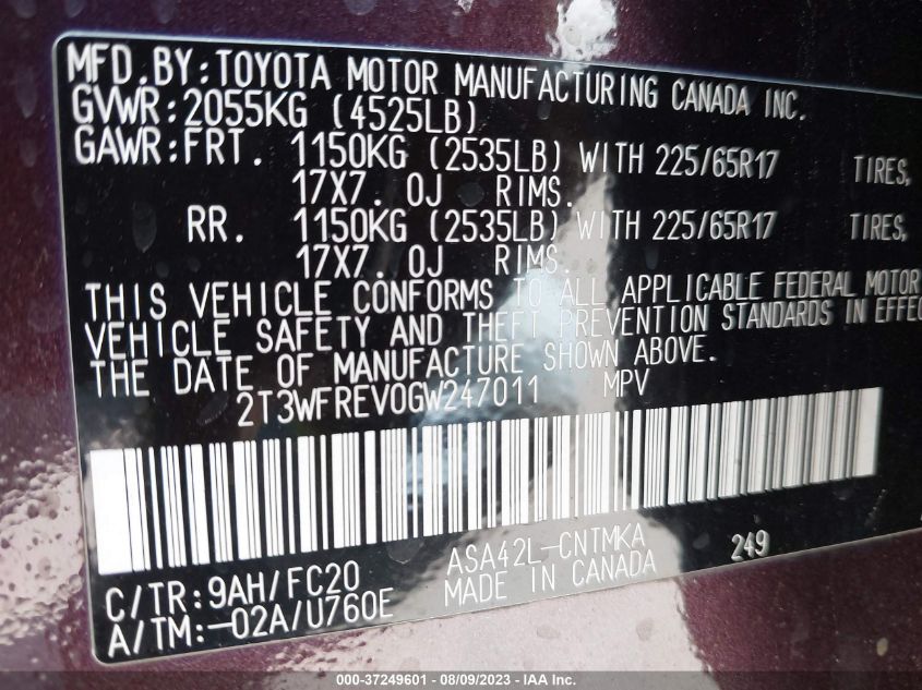 2016 TOYOTA RAV4 XLE - 2T3WFREV0GW247011