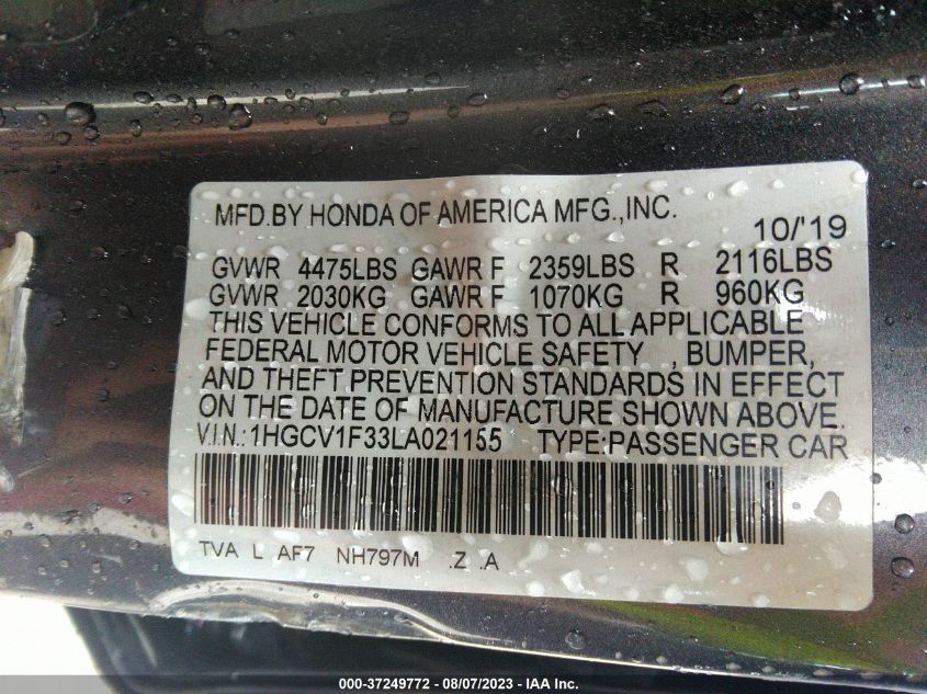 2020 HONDA ACCORD SEDAN SPORT - 1HGCV1F33LA021155