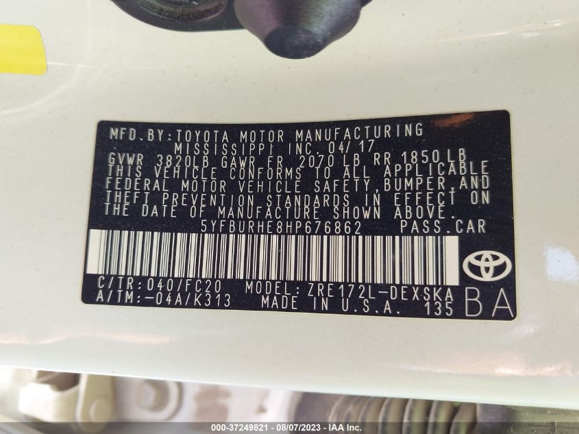 2017 TOYOTA COROLLA L/LE/XLE/SE - 5YFBURHE8HP676862