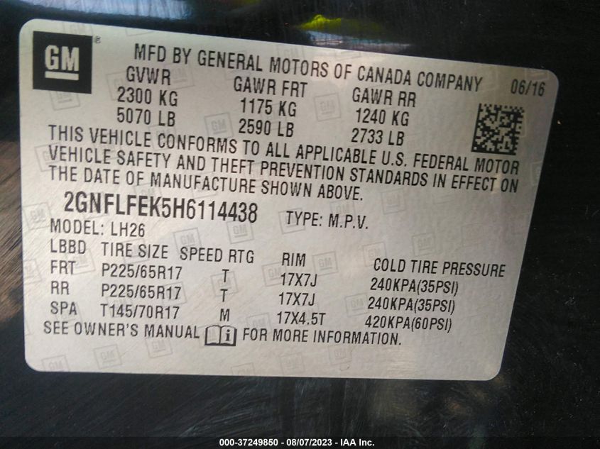 2017 CHEVROLET EQUINOX LT - 2GNFLFEK5H6114438