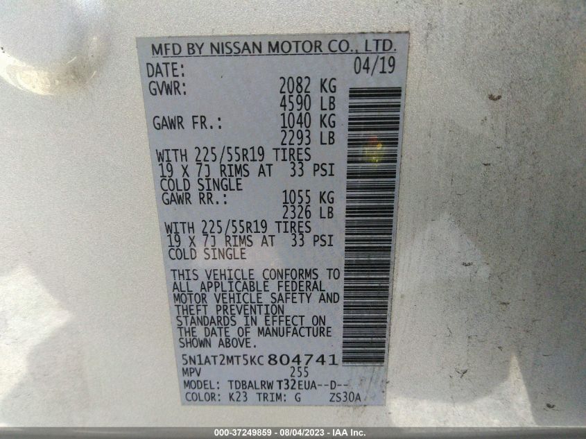 2019 NISSAN ROGUE SL - 5N1AT2MT5KC804741