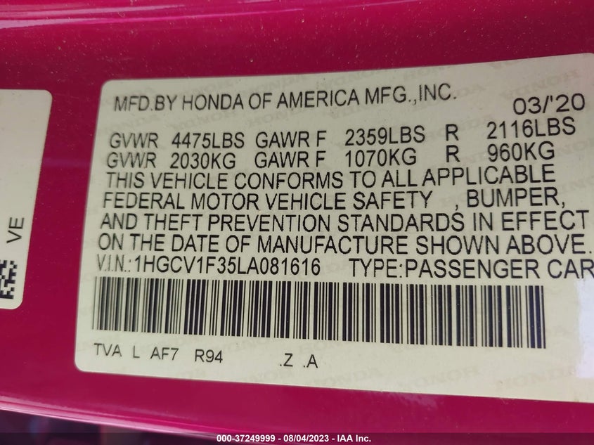 VIN 1HGCV1F35LA081616 2020 HONDA ACCORD SEDAN SPORT