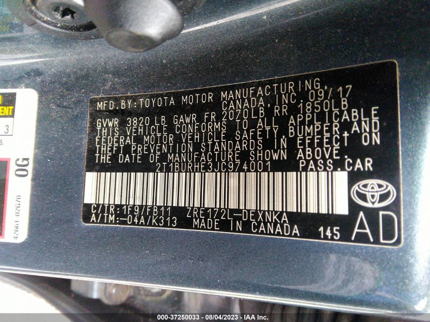 2018 TOYOTA COROLLA L/LE/XLE/SE/XSE - 2T1BURHE3JC974001