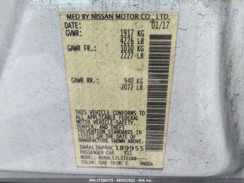 2017 NISSAN ALTIMA 2.5/S/SV/SL/SR - 1N4AL3AP4HC189955