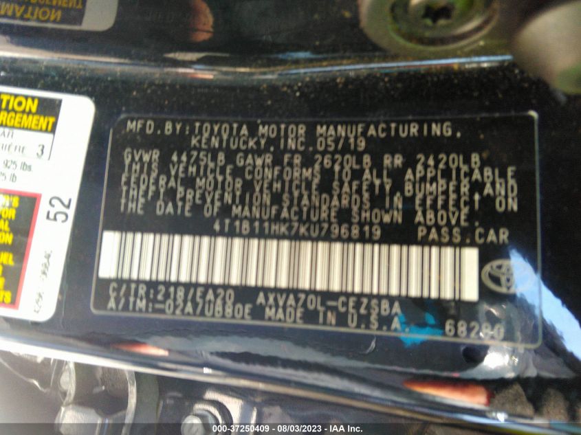 2019 TOYOTA CAMRY LE/SE/XLE/L - 4T1B11HK7KU796819