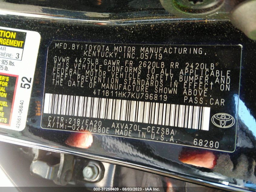 2019 TOYOTA CAMRY LE/SE/XLE/L - 4T1B11HK7KU796819