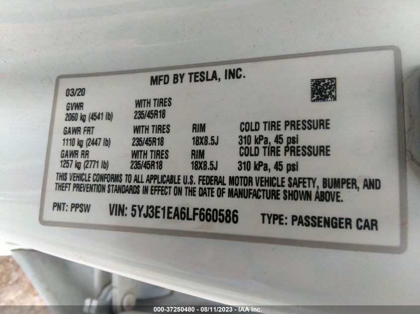 2020 TESLA MODEL 3 - 5YJ3E1EA6LF660586