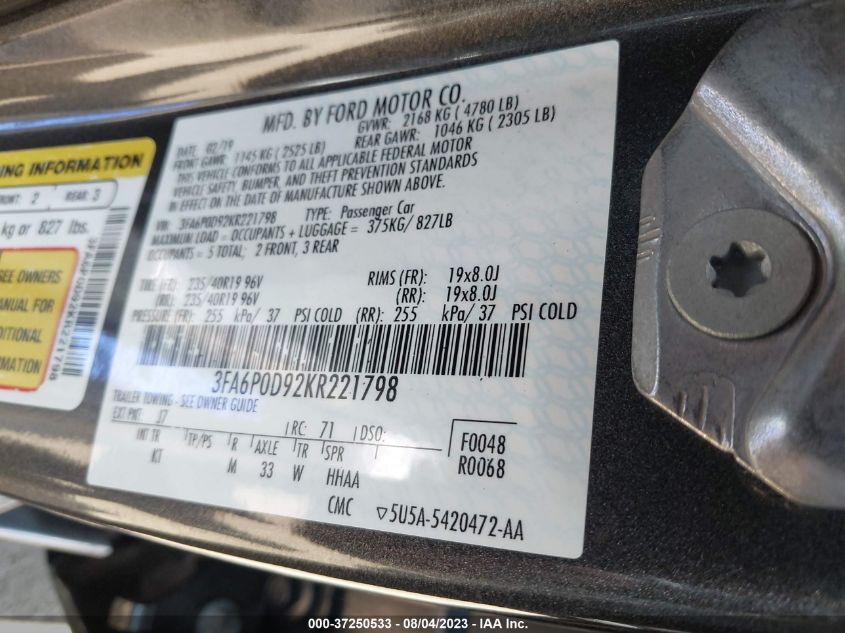 2019 FORD FUSION TITANIUM - 3FA6P0D92KR221798