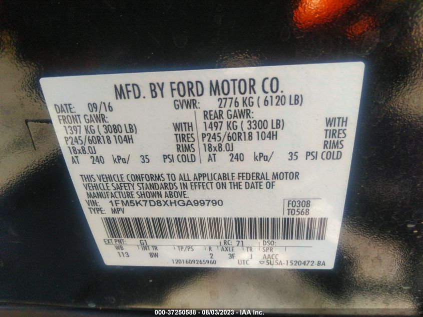 2017 FORD EXPLORER XLT - 1FM5K7D8XHGA99790