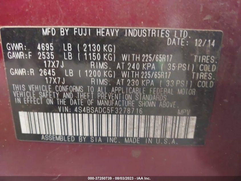 2015 SUBARU OUTBACK 2.5I PREMIUM - 4S4BSADC5F3278716