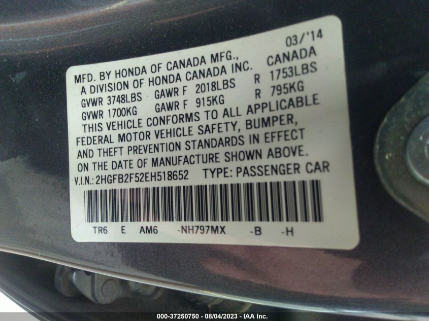 2014 HONDA CIVIC SEDAN LX - 2HGFB2F52EH518652