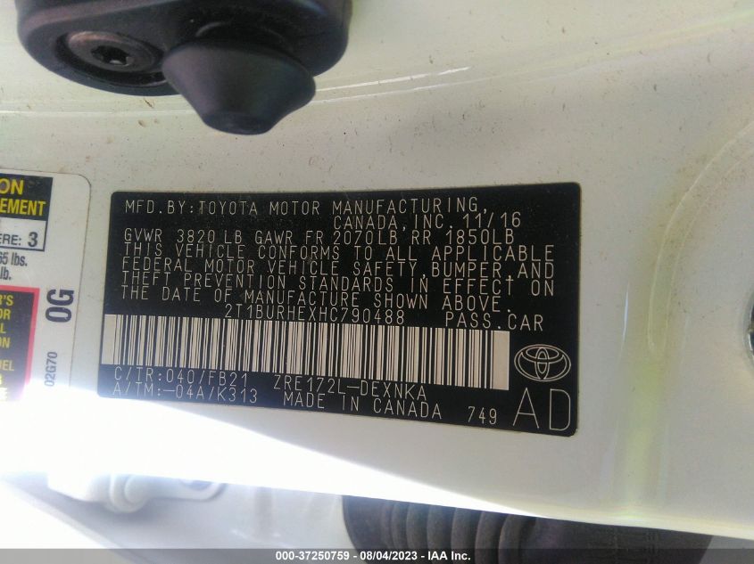 2017 TOYOTA COROLLA L/LE/XLE/SE - 2T1BURHEXHC790488