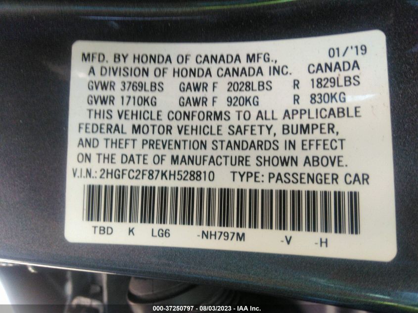 2019 HONDA CIVIC SEDAN SPORT - 2HGFC2F87KH528810