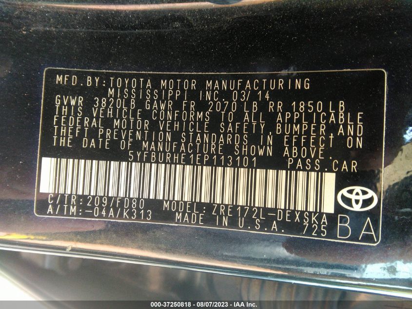 2014 TOYOTA COROLLA L/LE/S/S PLUS/LE PLUS - 5YFBURHE1EP113101