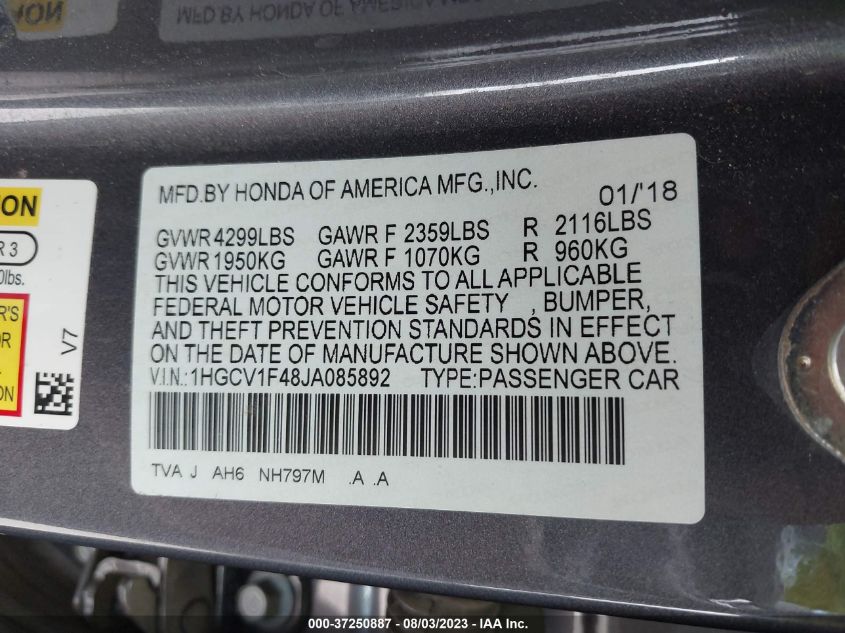2018 HONDA ACCORD SEDAN EX 1.5T - 1HGCV1F48JA085892