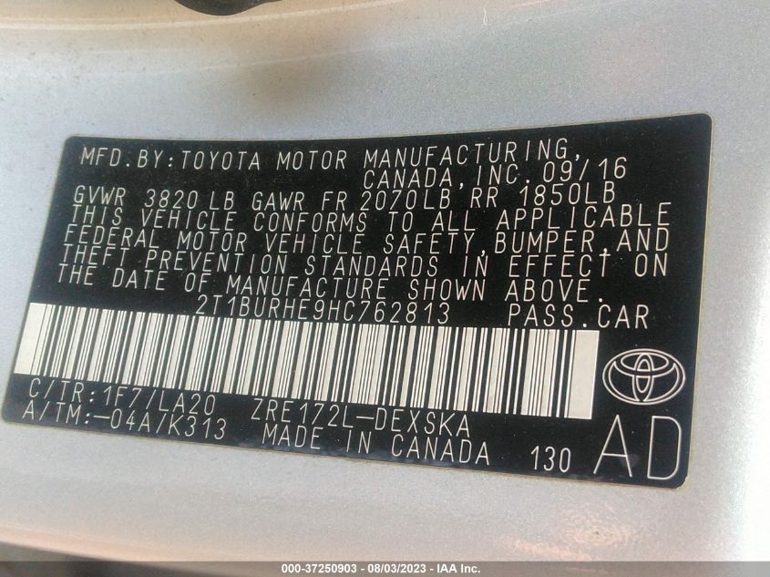 2017 TOYOTA COROLLA L/LE/XLE/SE/XSE - 2T1BURHE9HC762813