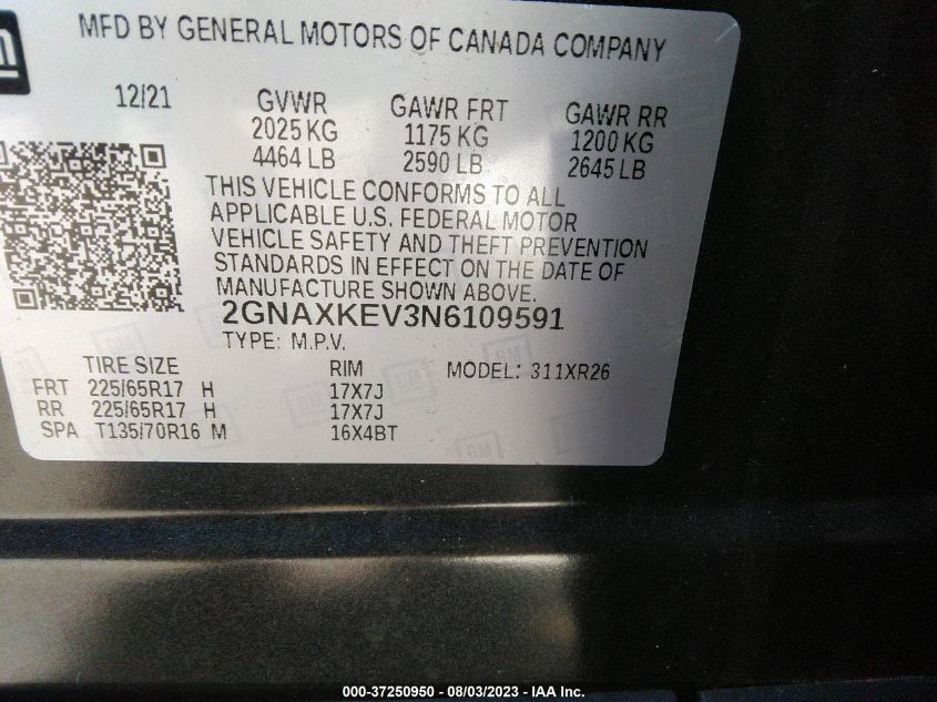 2022 CHEVROLET EQUINOX LT - 2GNAXKEV3N6109591