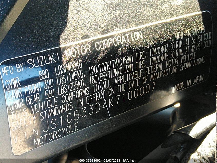 2019 SUZUKI GSX-S750 M/Z JS1C533D4K7100007